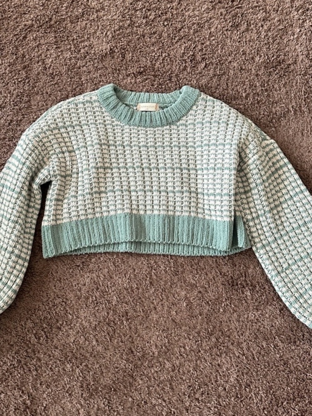 Altar'd State Mint & Cream Cropped Waffle Knit Sweater